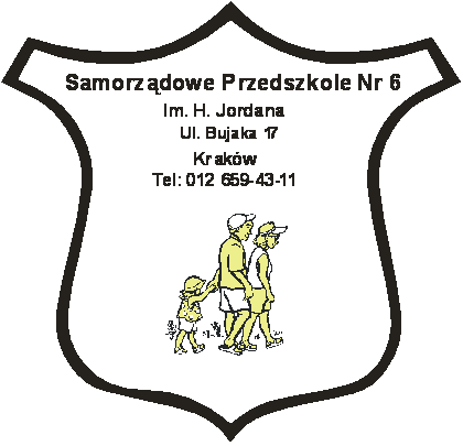 logo przedszkola w kształcie tarczy szkolnej, na którym jest narysowana idąca rodzina oraz dane nazwa Samorzadowe Przedszkole Nr 6 im. H. Jordana ul. Bujaka 17 Kraków, tel 12 6594311