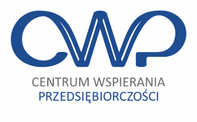 Logo Centrum Wspierania Przedsiębiorczości. Główne litery niebieskie, część mniejszych szara. Wszystko na białym tle.