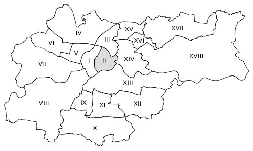 Mapka Krakowa z zaznaczoną Dzielnicą II Grzegórzki