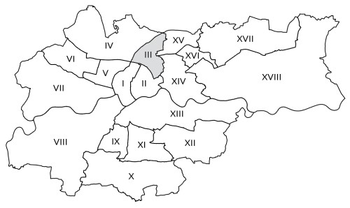 Mapka Krakowa z zaznaczoną Dzielnicą III Prądnik Czerwony