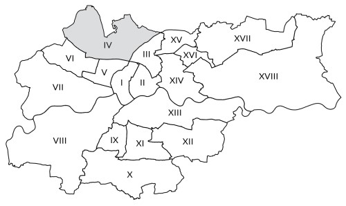 Mapka Krakowa z zaznaczoną Dzielnicą IV Prądnik Biały