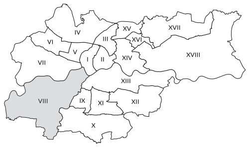 Mapka Krakowa z zaznaczoną Dzielnicą VIII Dębniki