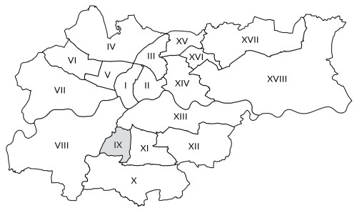 Mapka Krakowa z zaznaczoną Dzielnicą IX Łagiewniki-Borek Fałęcki