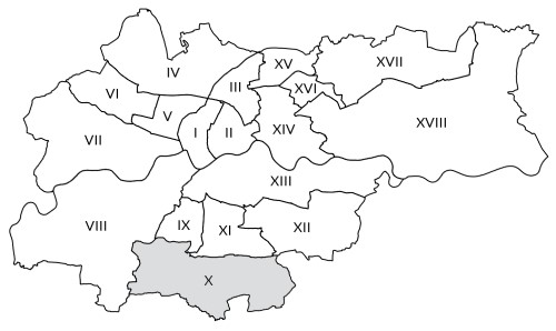 Mapka Krakowa z zaznaczoną Dzielnicą X Swoszowice