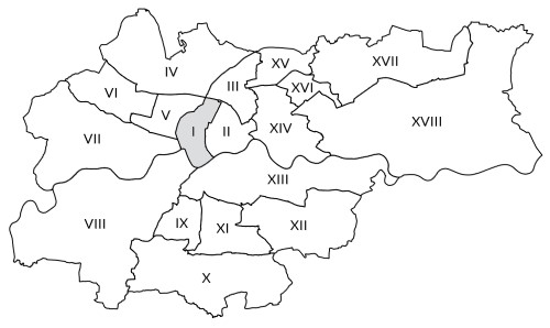 Mapka Krakowa z zaznaczoną Dzielnicą Pierwszą Stare Miasto