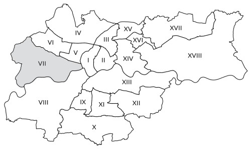 Mapka Krakowa z zaznaczoną Dzielnicą VII Zwierzyniec