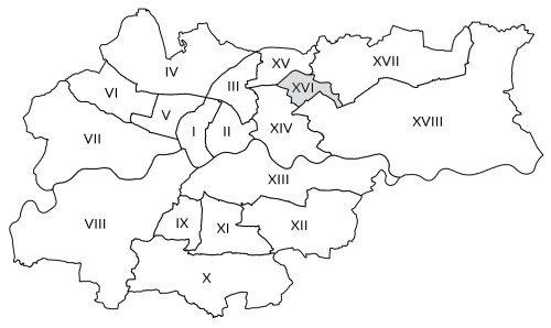 Mapka Krakowa z zaznaczoną Dzielnicą Szesnastą Bieńczyce
