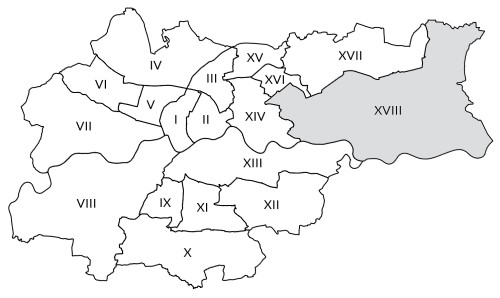 Mapka Krakowa z zaznaczoną Dzielnicą Osiemnastą Nowa Huta