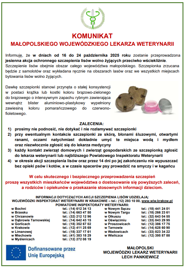 Komunikat Małopolskiego Wojewódzkiego Lekarza Weterynarii