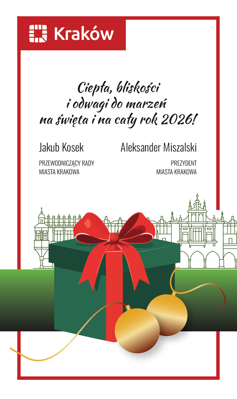 kartka świąteczna. Schematyczny zarys sukiennic oraz lezacy zielony prezent z kokardką i 2 złote bańli