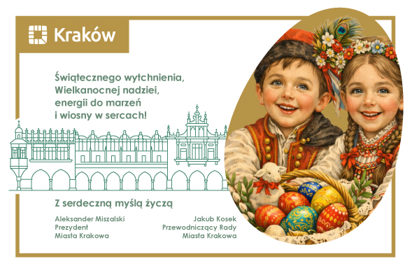 na białym tle zielony zarys Sukiennic oraz pisanka z wizerunkiem pary w strojach krakowskich